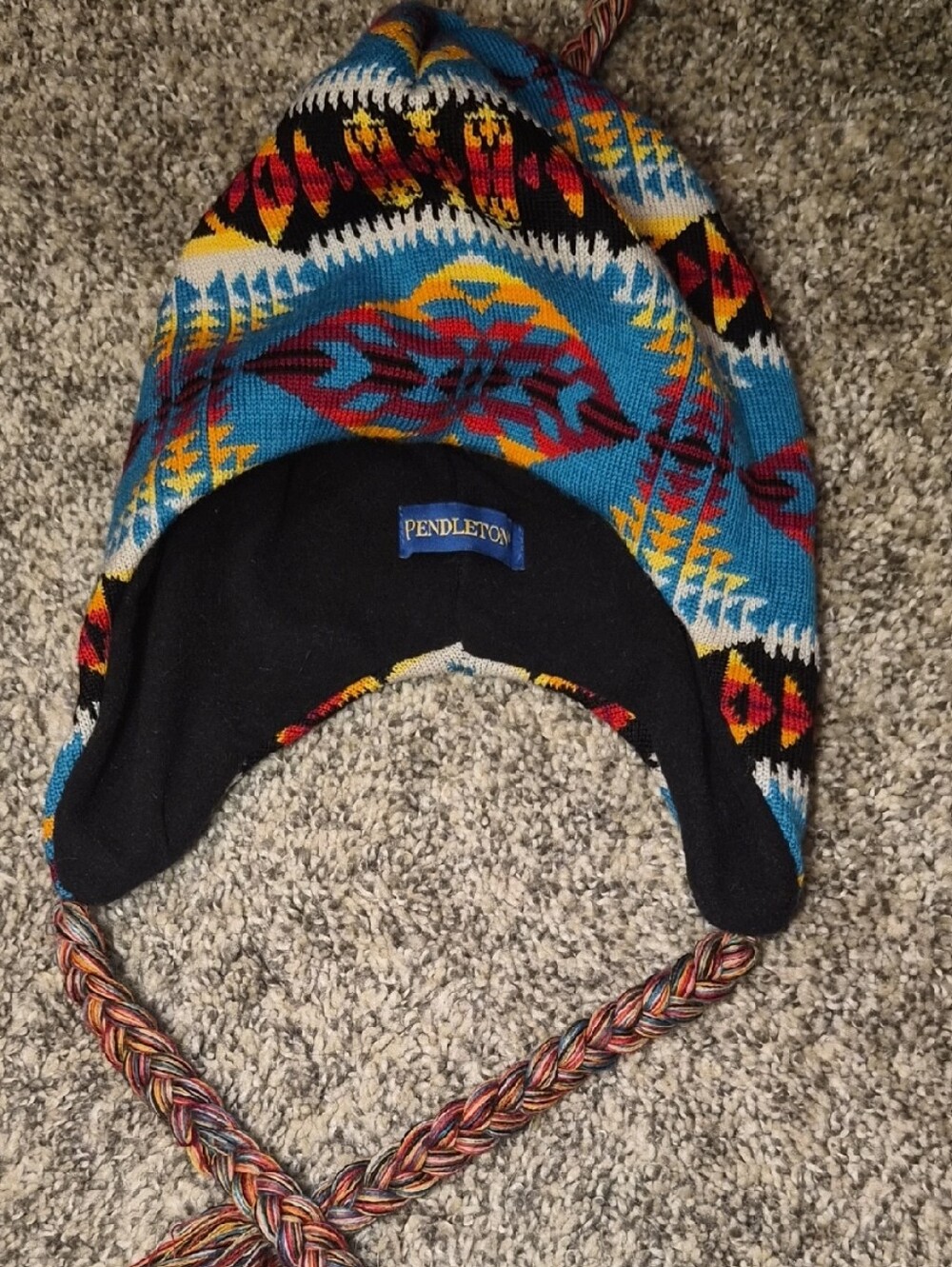 Pendleton Aztec Knit Earflap Hat in Blue, Yellow, Red
